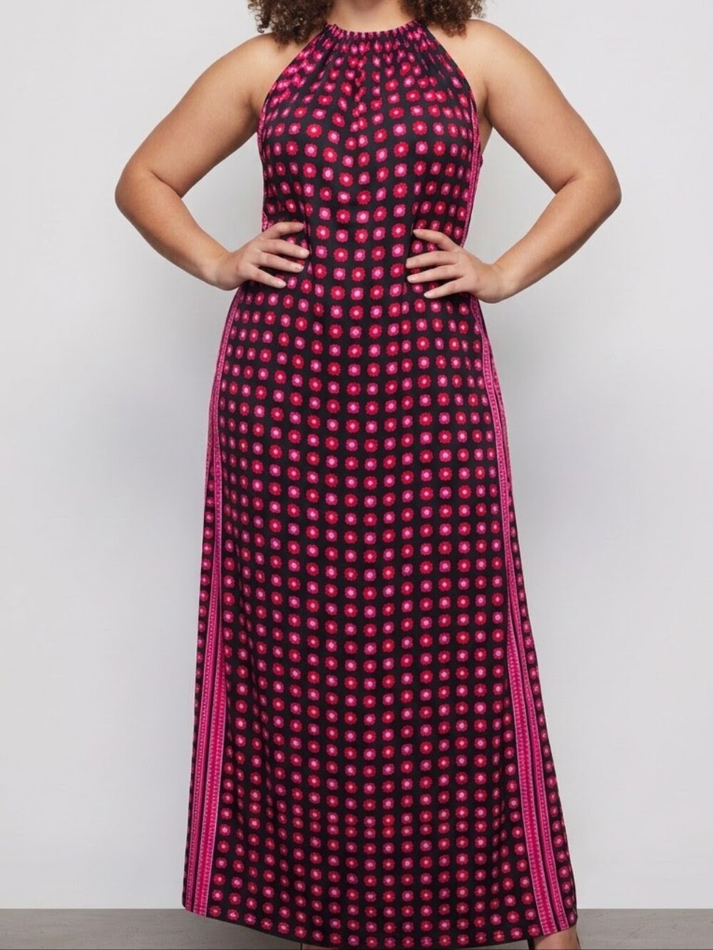 Vibrant pink patterned halter-neck maxi dera dress  XL- XXL 60' Long